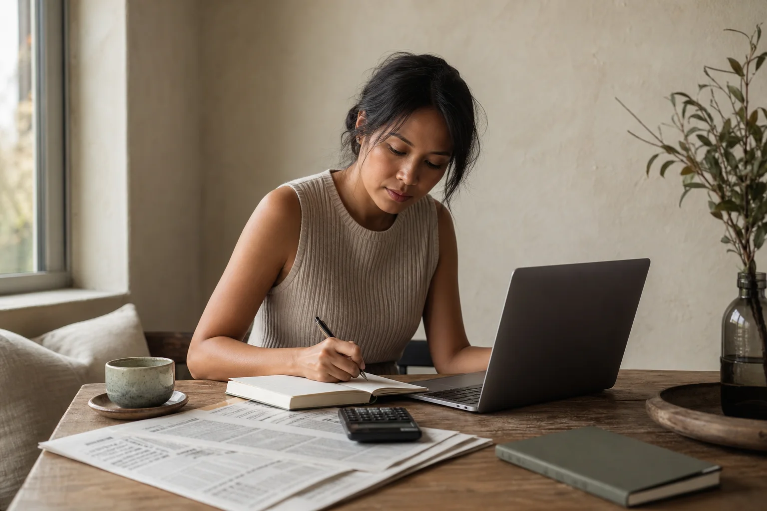 A woman studying personal finance at a quiet home workspace