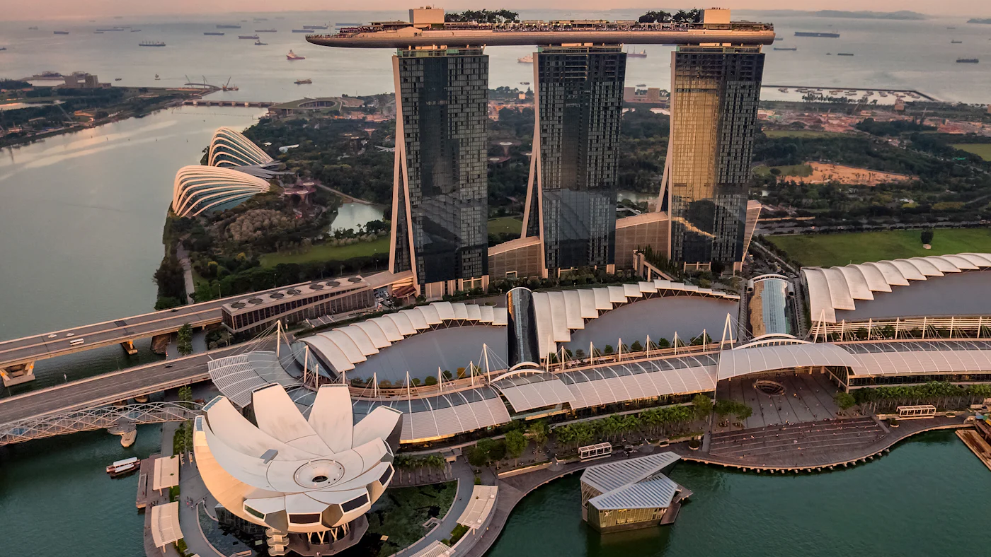 Singapore's waterfront from above at dusk
