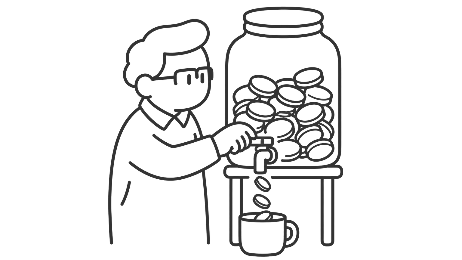 An older man turns the tap on a large jar of coins, filling a cup.