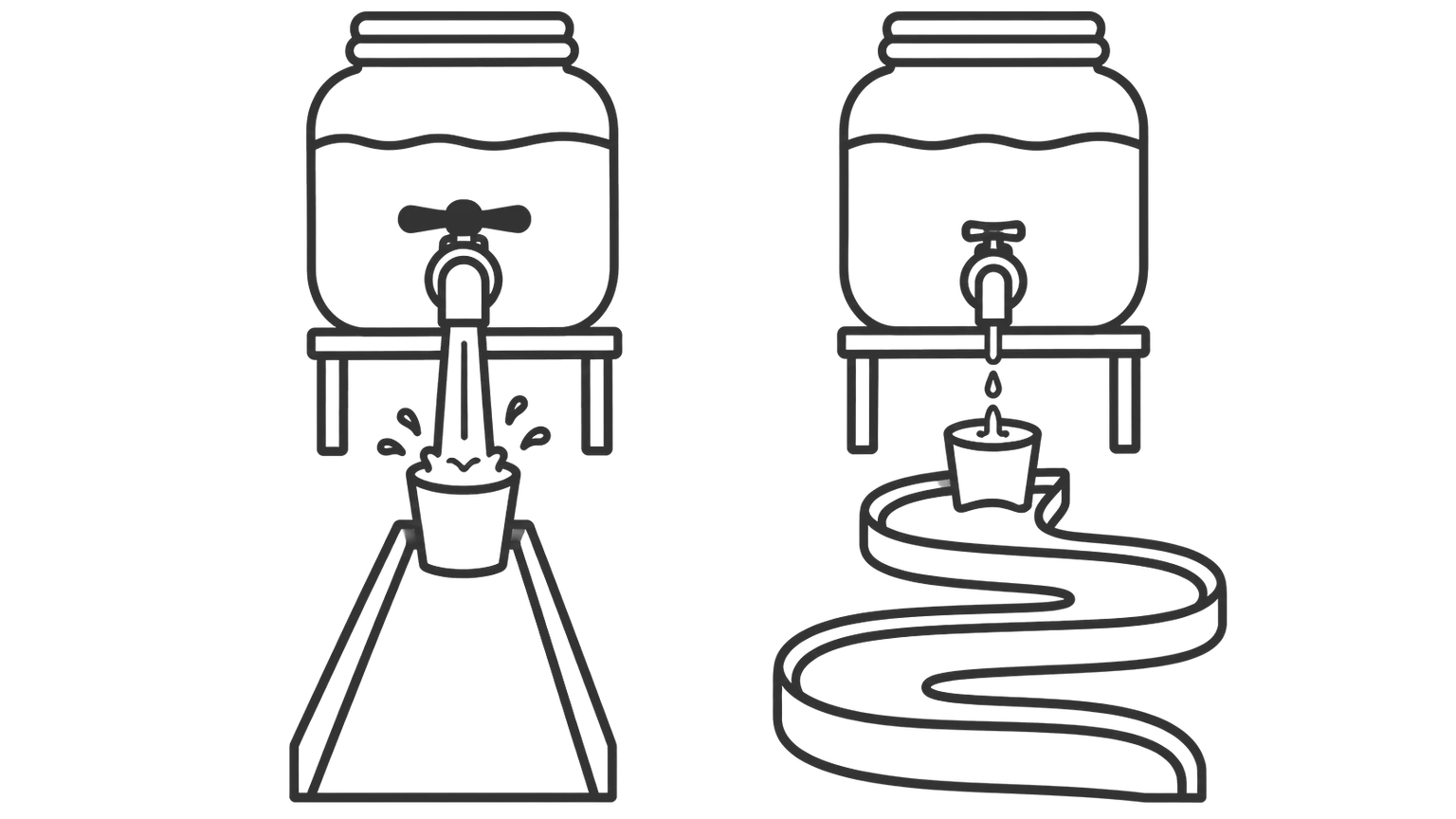 Two jars of the same size with taps, one wide open over a short path and one barely open over a long path.