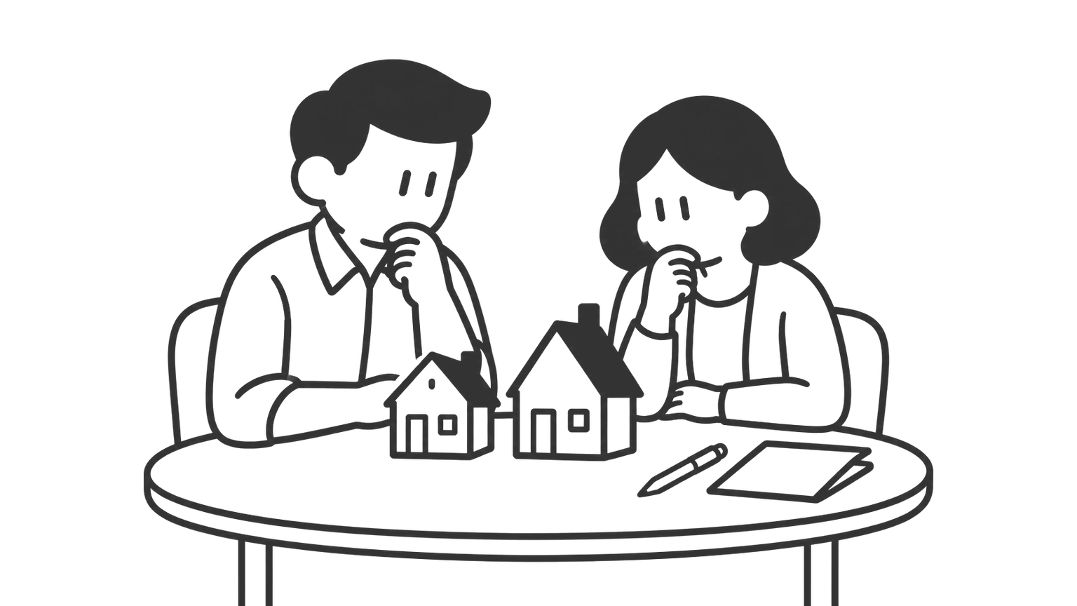 A man and a woman at a table look at two small model houses.