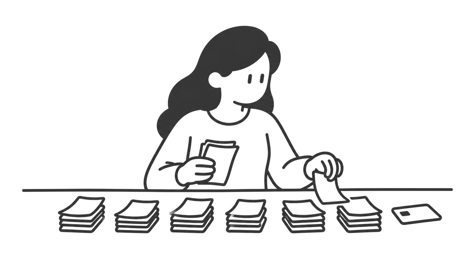 A woman sorts a stack of receipts into monthly piles on a table, a credit card beside her.