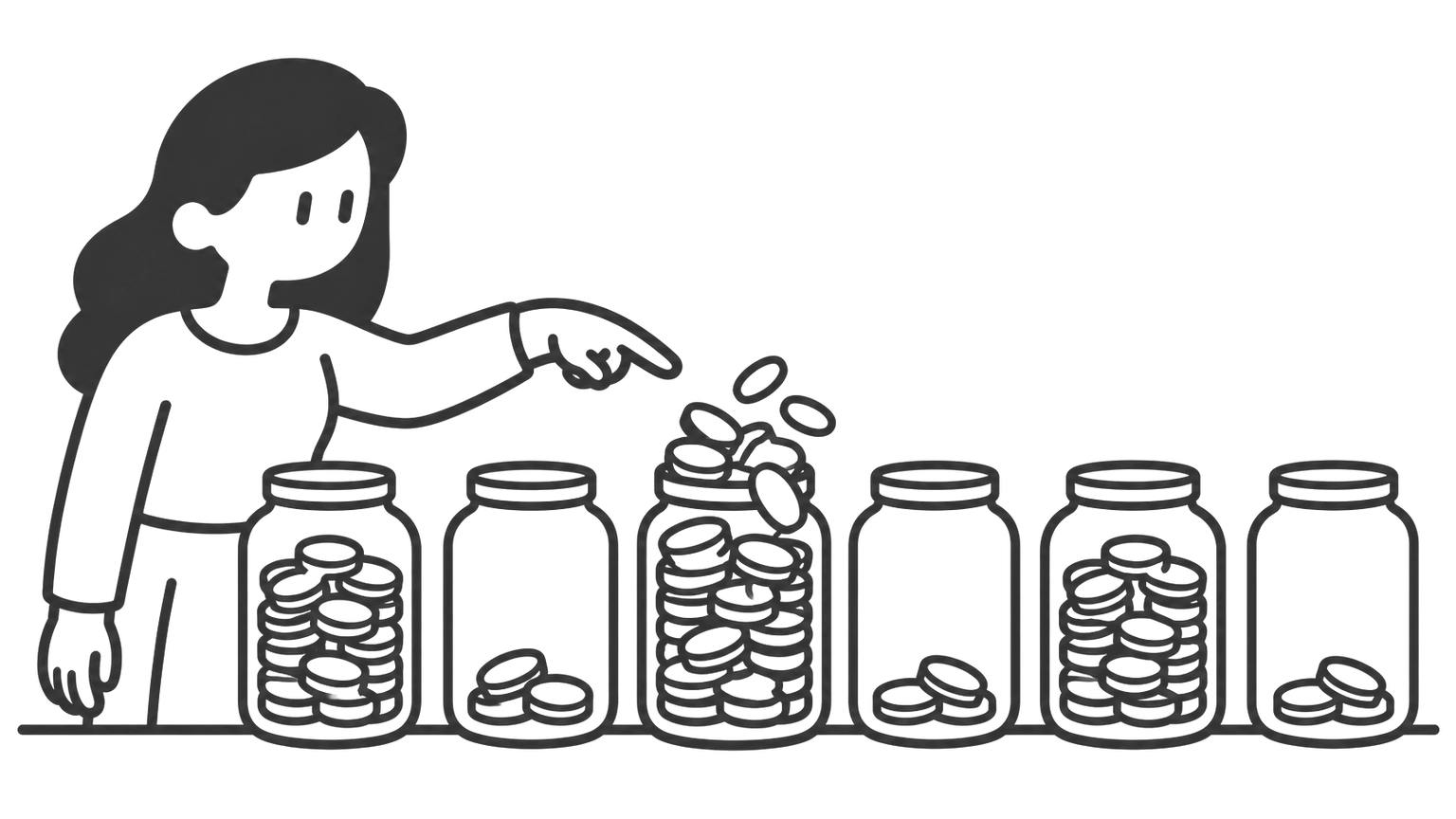 A woman stands beside six jars of coins in a row. Three jars are well filled, one of them overflowing at the top, and the other three hold only a few coins each.