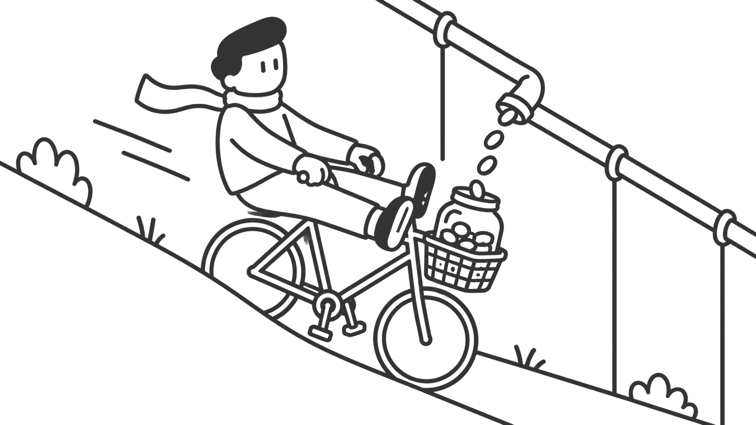 A man on a bicycle coasts downhill with his feet off the pedals, while a pipe keeps filling the jar in his basket.