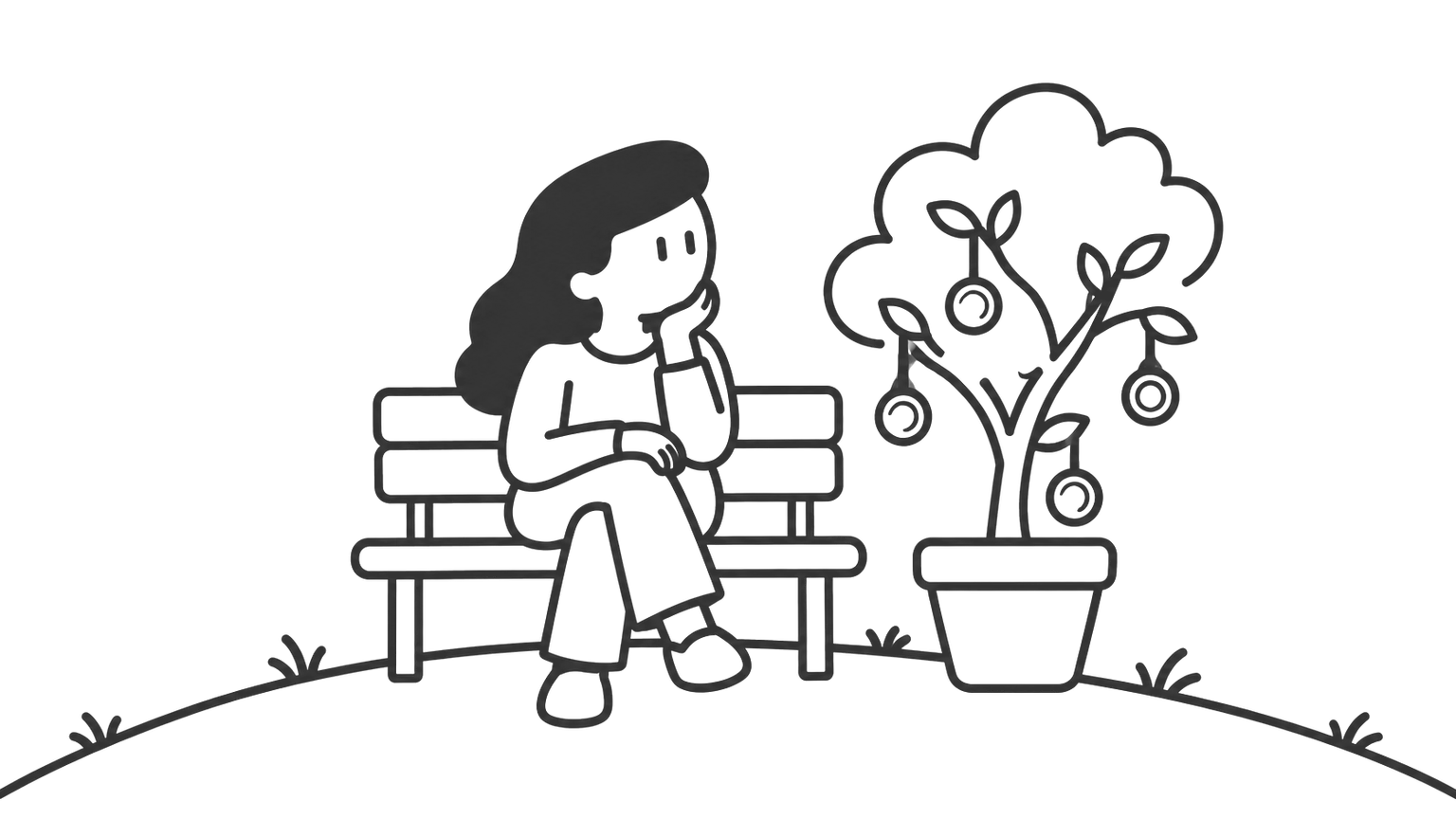 A young woman sits on a hilltop bench beside a small potted tree with coins on its branches.