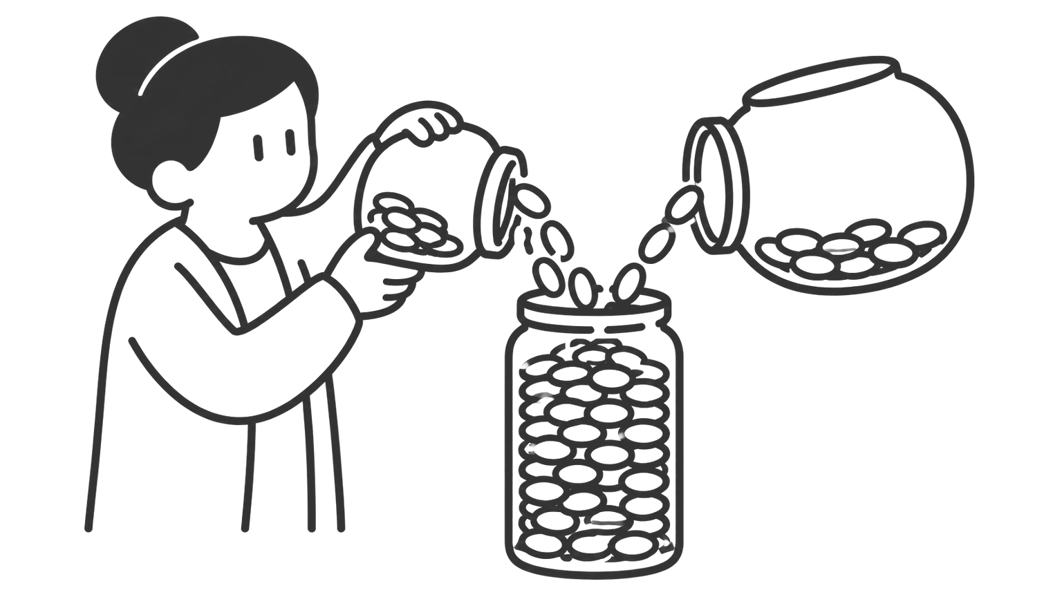 An older woman empties one jar into a tall jar that fills to the Full Retirement Sum. A second jar tops it up.