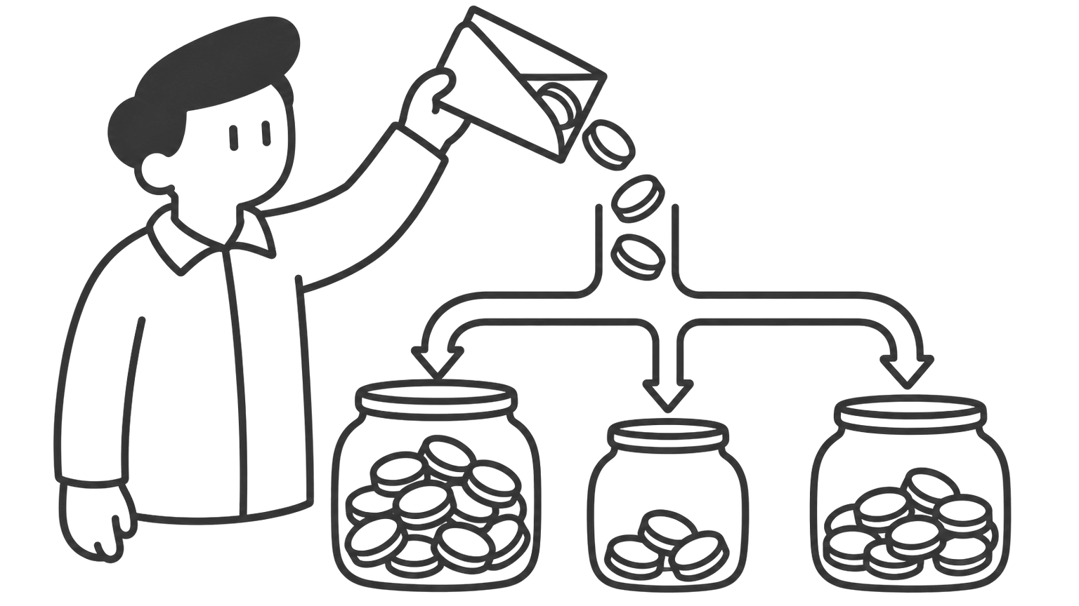 A man pours coins from a pay envelope into three jars. The left jar gets the most, the right jar less and the middle jar the least.