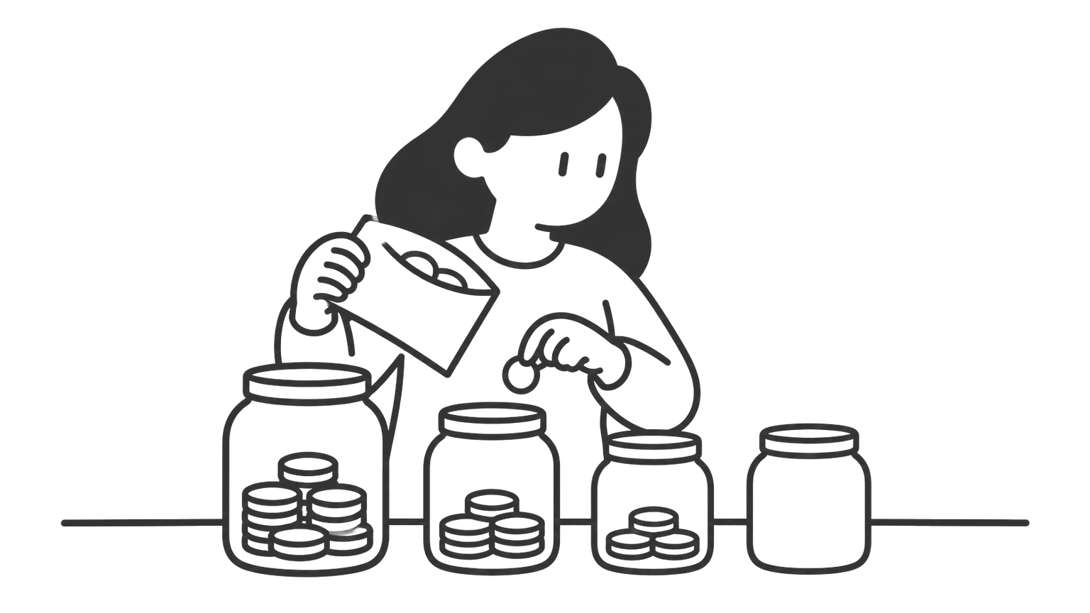 A young woman sorts coins from a pay envelope into jars of different sizes.