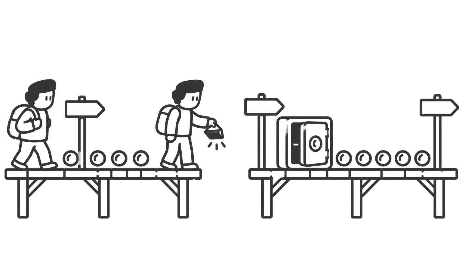 A man walks a path from early retirement towards 55 and 65. His coins run out before 55, leaving a gap in the path until a safe opens at 55.
