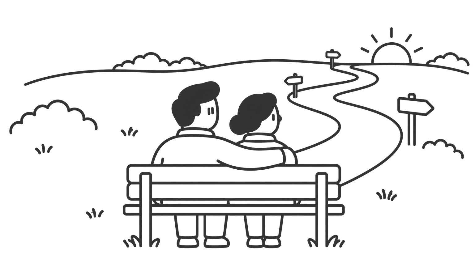 A couple on a park bench looks along a long path with signposts ahead.