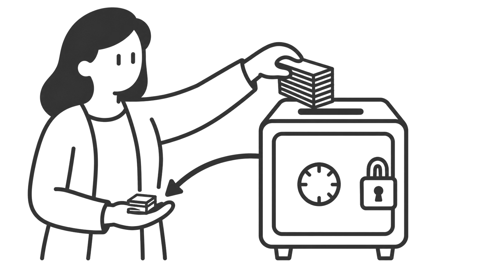 A woman puts a stack of cash into a locked safe. A much smaller stack comes back to her hand as tax saved.