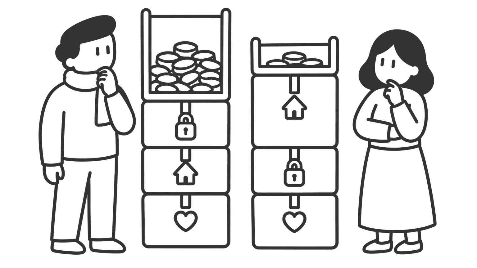 Two people stand beside two columns of four boxes with the same total height. One column is mostly open money. The other is mostly money locked for housing and retirement.