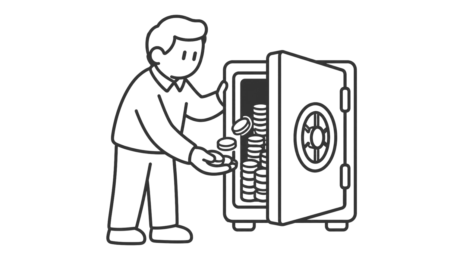 A man with greying hair opens a large safe and catches the coins that spill out.