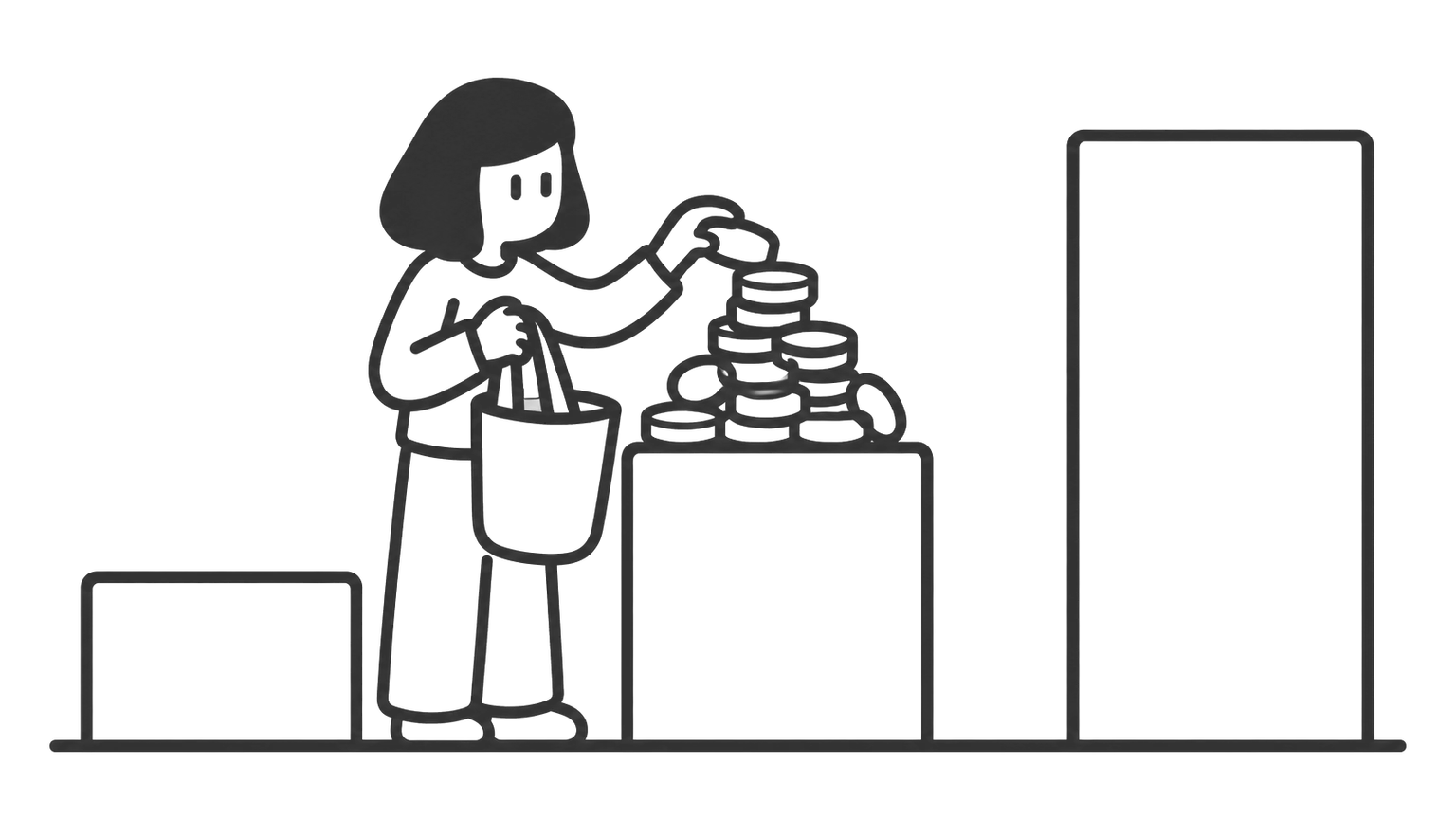A woman stands by three blocks, each twice the height of the one before. She scoops the coins above the middle block into a bag, as savings above that sum can be withdrawn.