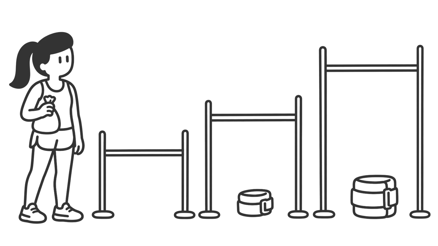 A runner faces three bars, each higher than the last. Heavier weights sit by the higher bars, as higher fees raise the return an investment must clear.