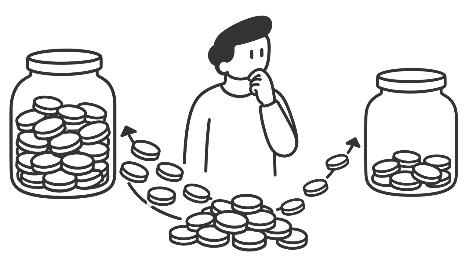 A man stands between two jars. Coins from a pile in front of him roll towards both jars, a larger stream to the left jar and a smaller stream to the right one.