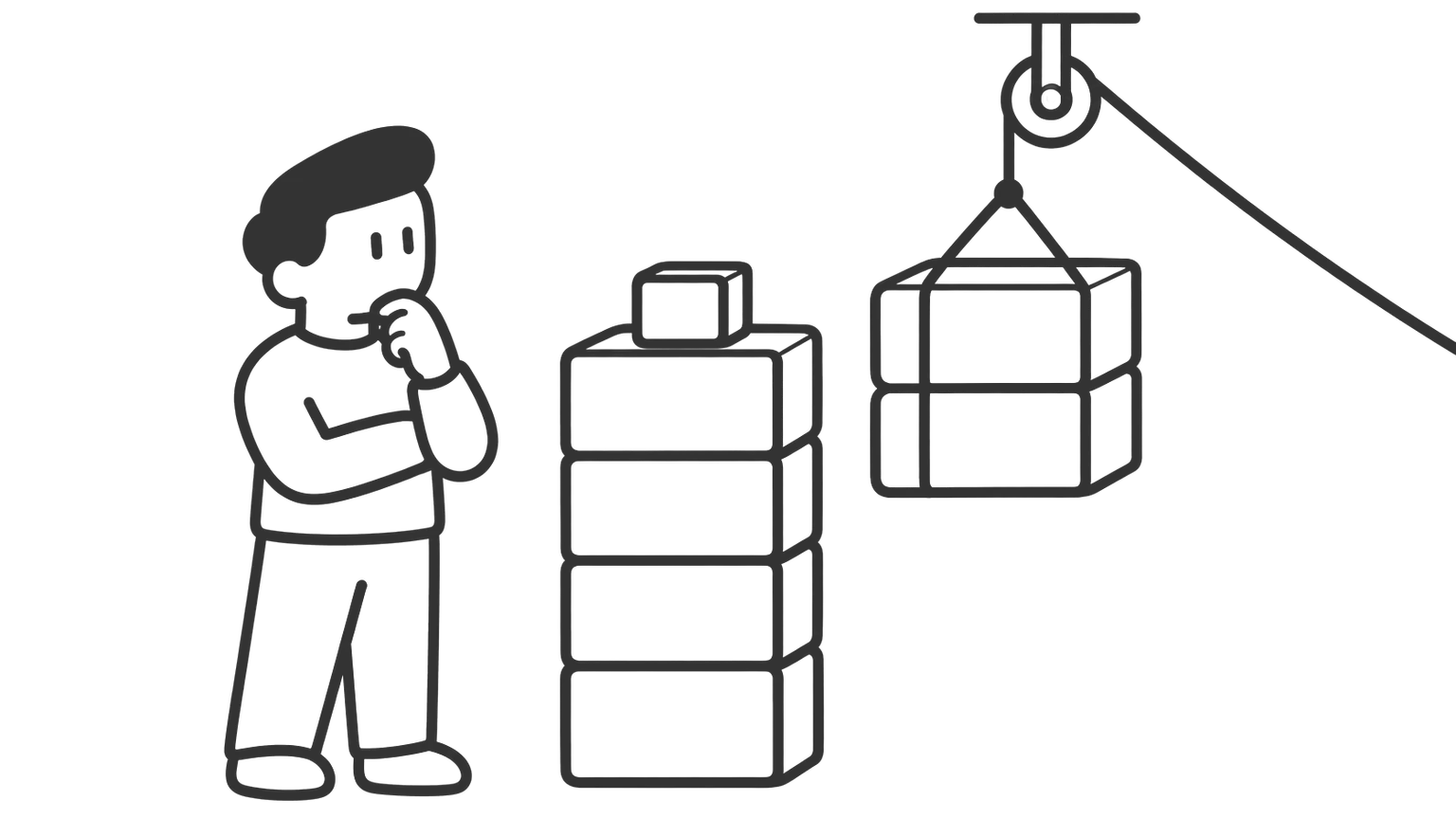 A man stands beside a tall stack of blocks for income lost and a small block for treatment. Two blocks for cash and MediSave are lifted away, leaving a shorter stack.