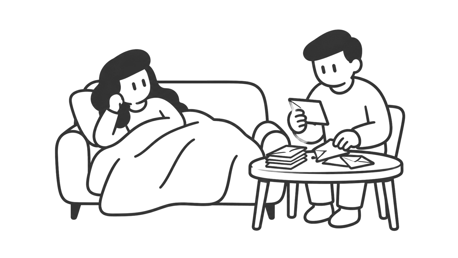 A woman rests on a sofa with a blanket while a man sorts envelopes at a table beside her.