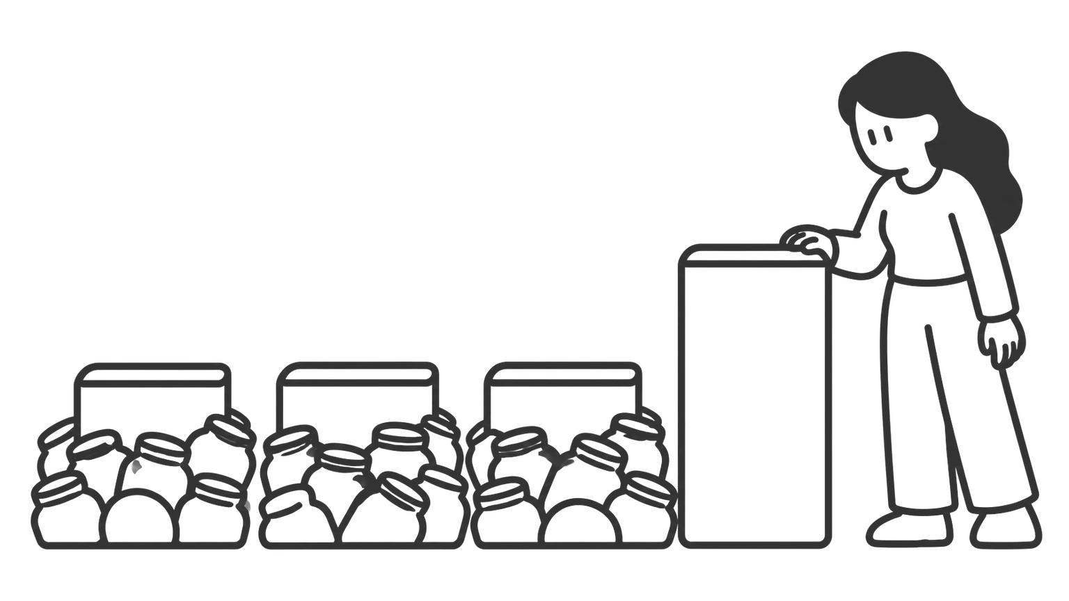 A woman stands beside four blocks of cover in a row. Three are lowered into piles of savings jars beneath them, and one small block is left standing on the right.