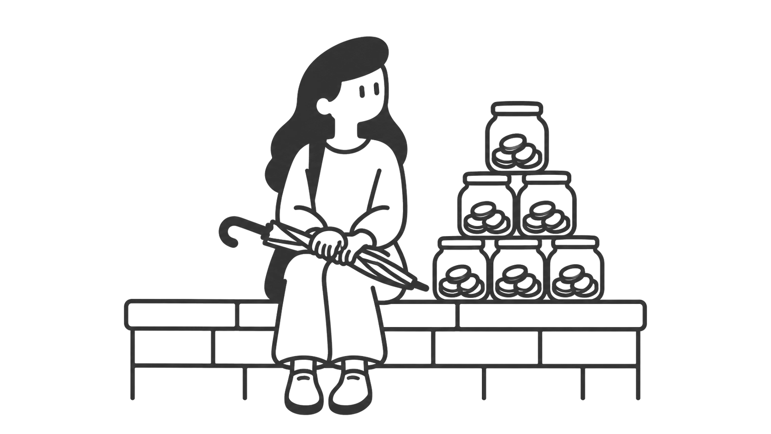 A young woman sits on a low wall beside a tall pile of savings jars, holding a single folded umbrella on her lap.