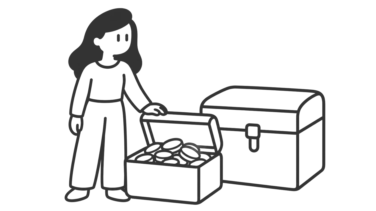 A woman stands beside two boxes of coins. The small box in front of her is open, and the larger box behind it is closed with a simple latch.