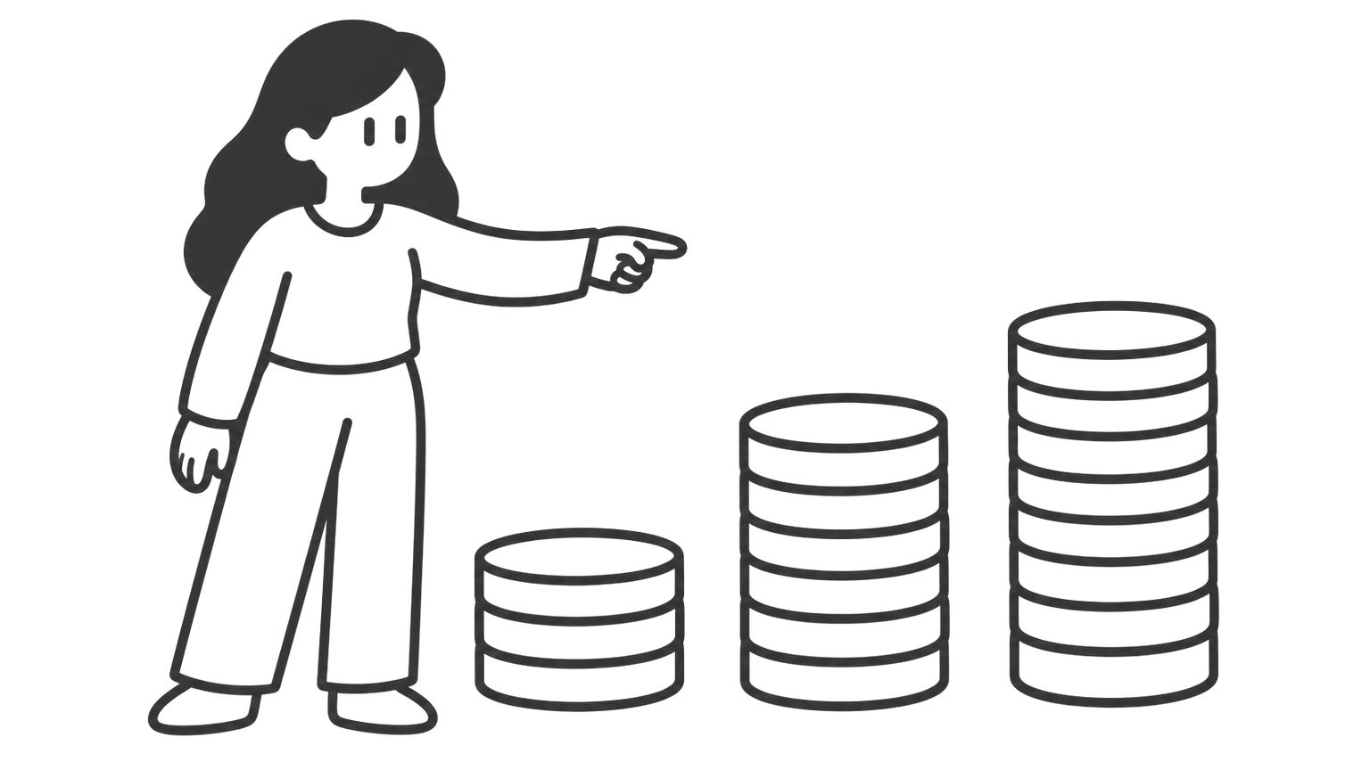 A woman stands beside three stacks of coins for a short, a 30-year and a very long retirement. The longest retirement needs the tallest stack, but not twice the middle one.