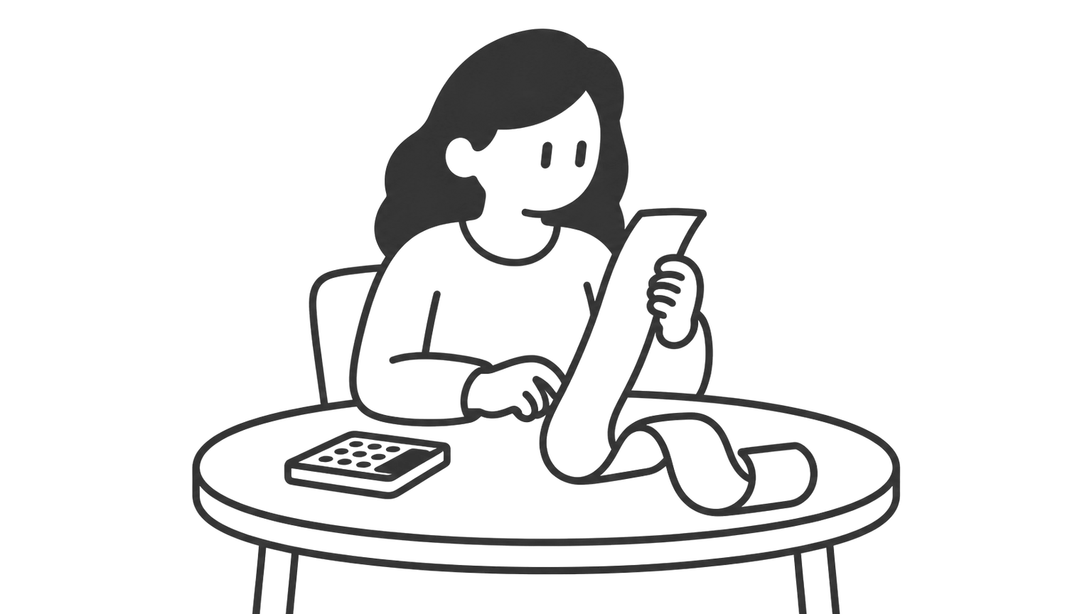 A woman at a kitchen table reads a long receipt beside a calculator.