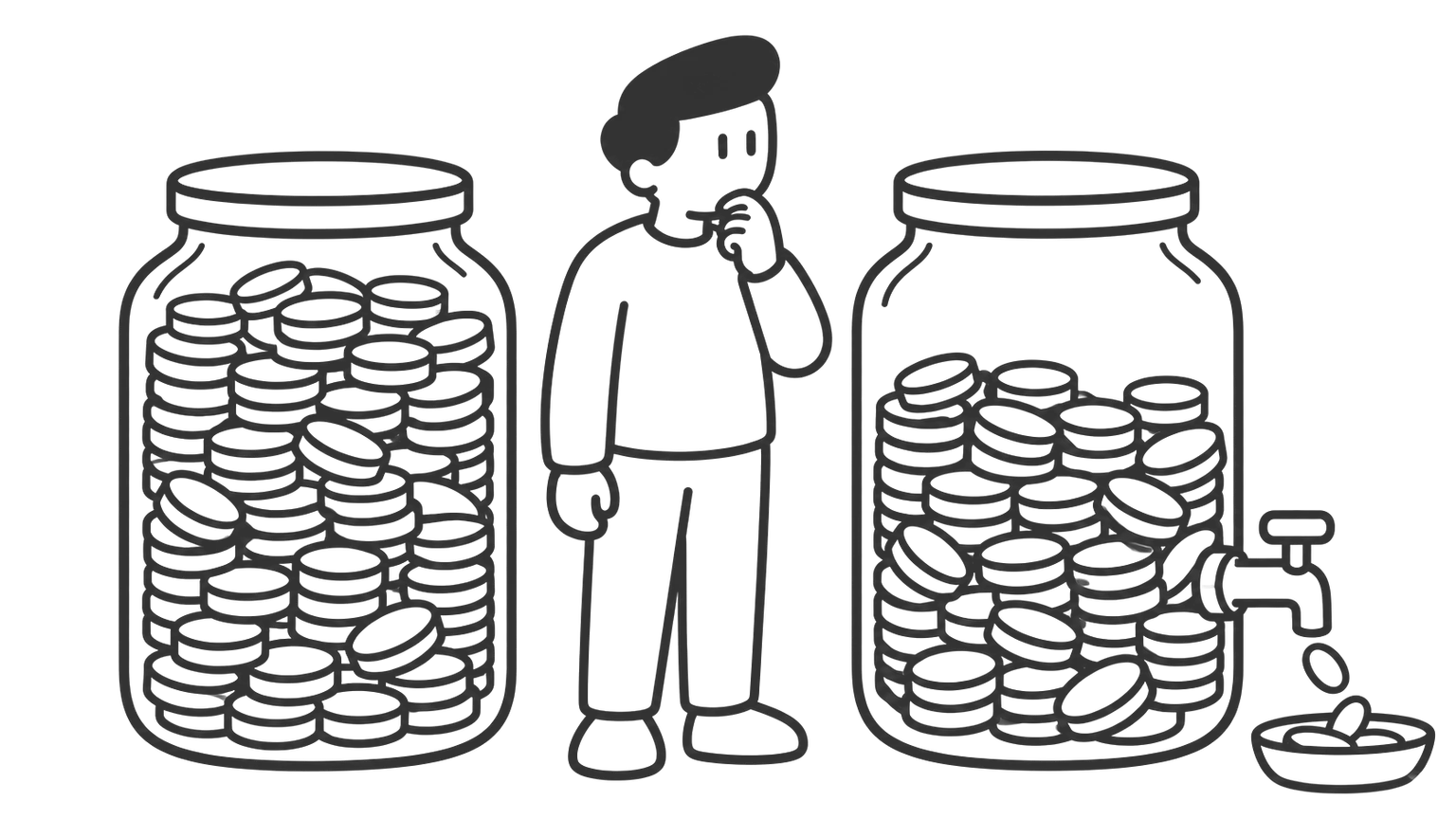 A man stands between two jars of coins. The left jar is almost full, and the right jar is two thirds full with a small tap letting coins trickle out.