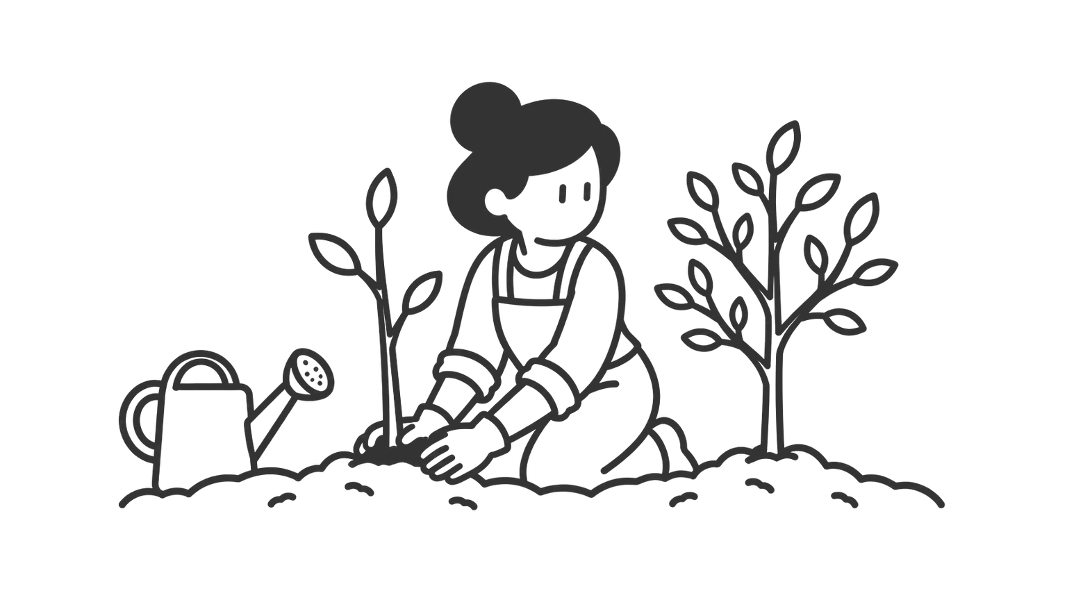 A young woman plants two small trees in a garden bed, one with a few branches and one with many.