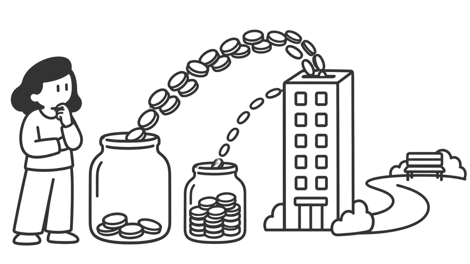 A woman beside two jars of coins. A thick stream from the large jar and a thin stream from the small jar pour into a block of flats, leaving the large jar almost empty.