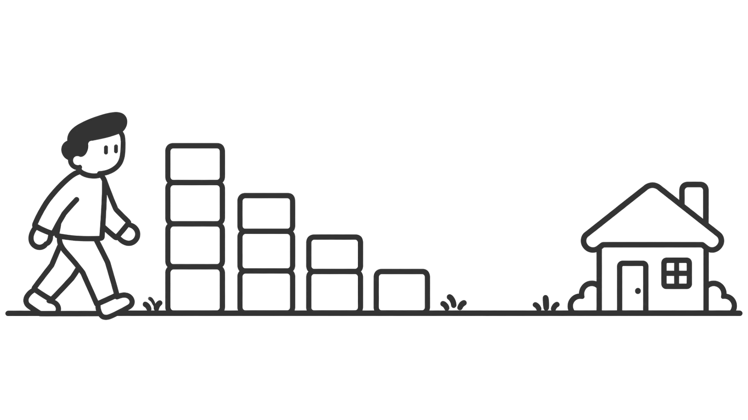 A man walks past a row of stacked blocks, each shorter than the one before, until the row ends in bare ground well before a small house on the right.