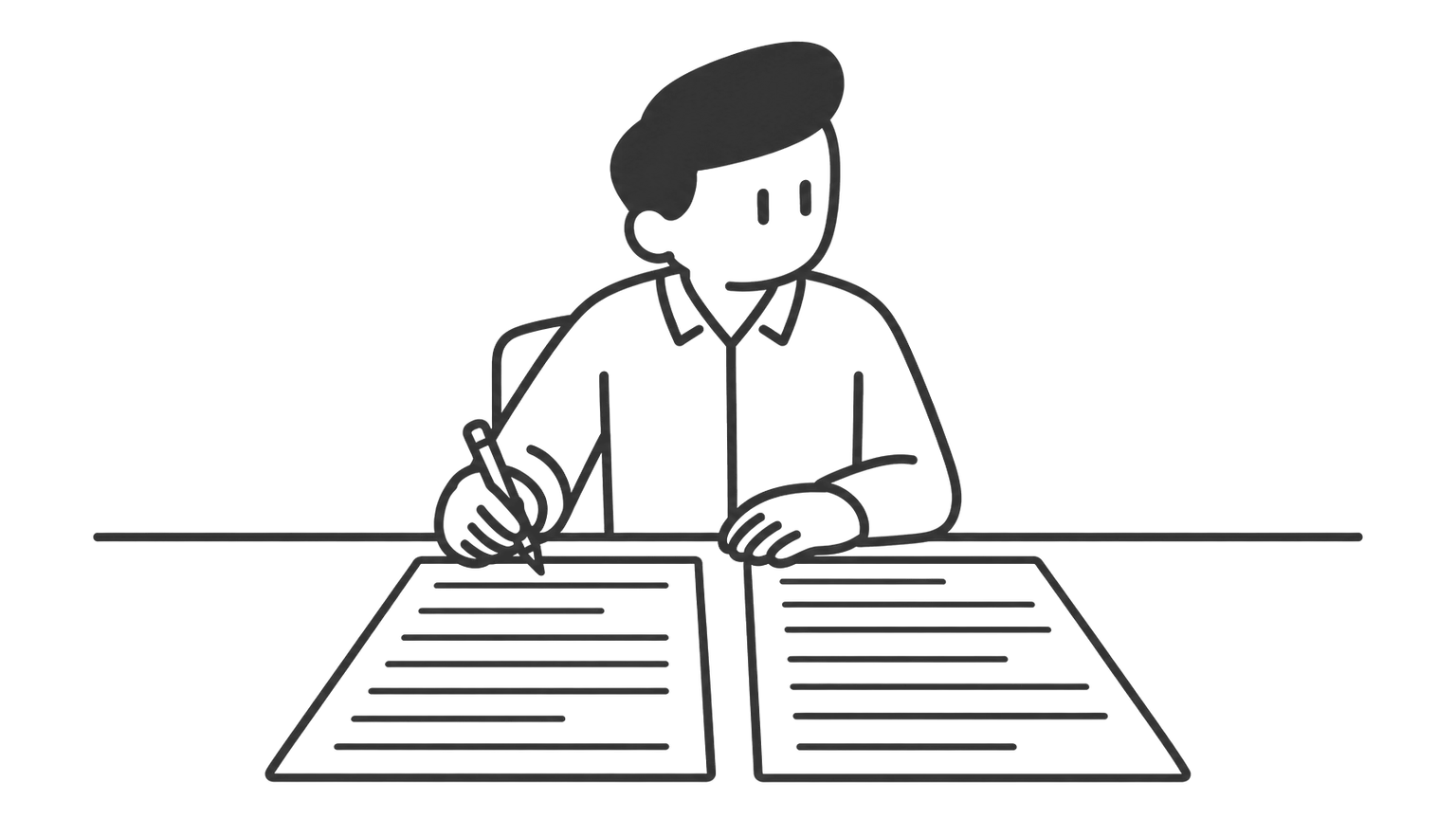 A man at a desk lays two printed bank statements side by side and marks lines with a pencil.