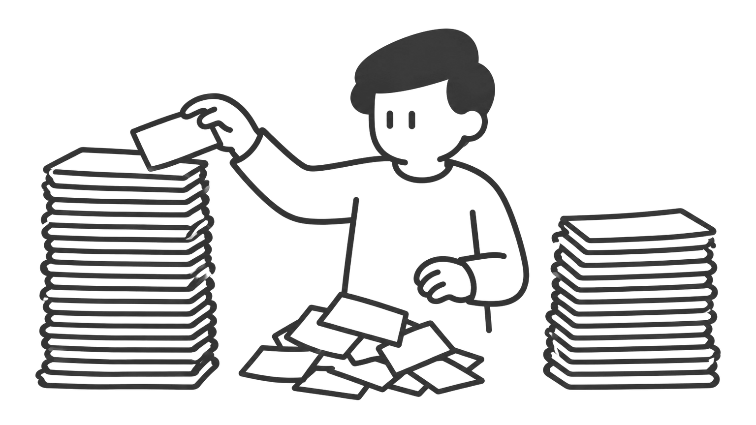 A man stands beside two piles of paper slips. A few slips from the tall pile on the left are set aside in a small heap, and the pile on the right is shorter.