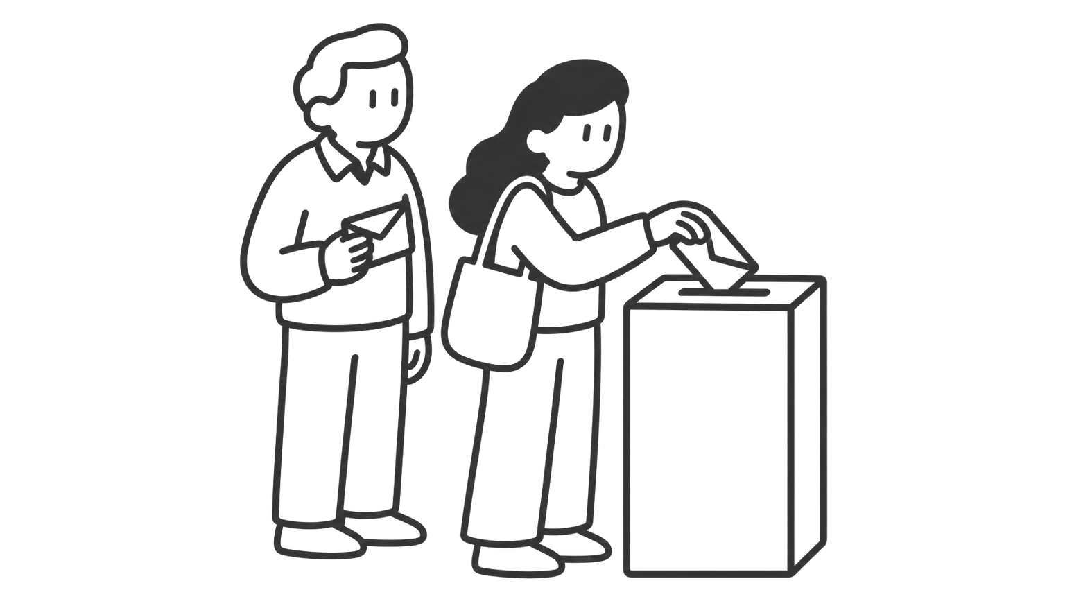 A woman slides an envelope into a slot in a tall box as a second person waits behind her.