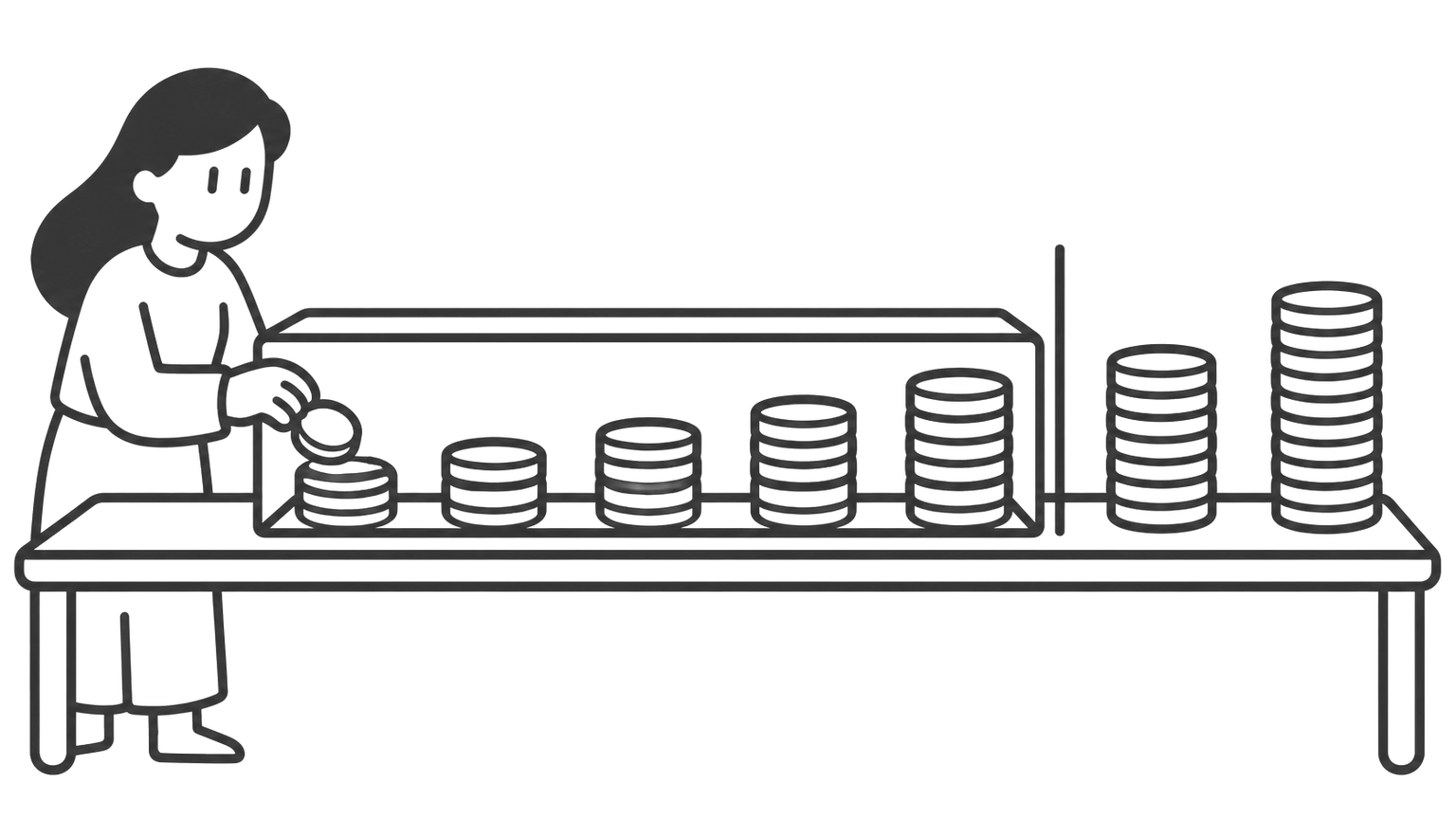 A row of stacked coins sorted from shortest to tallest, with a line drawn after the last stack that fits inside a box. A woman stands beside the box holding a small pile of coins marked as already inside.