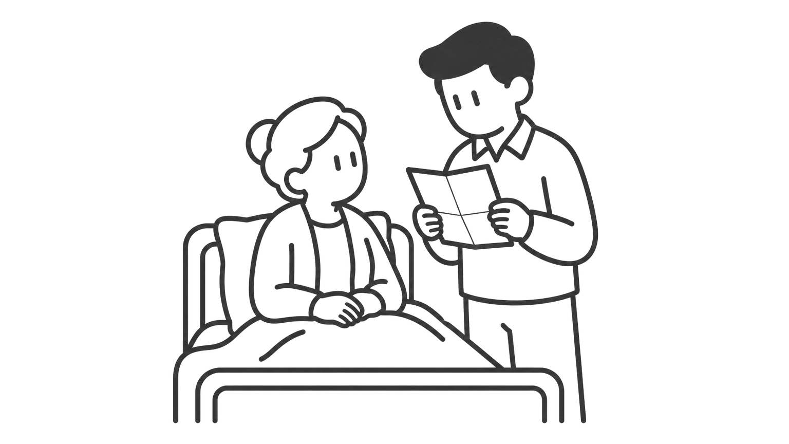 An older woman sits on a hospital bed while a younger man beside her reads a folded bill.