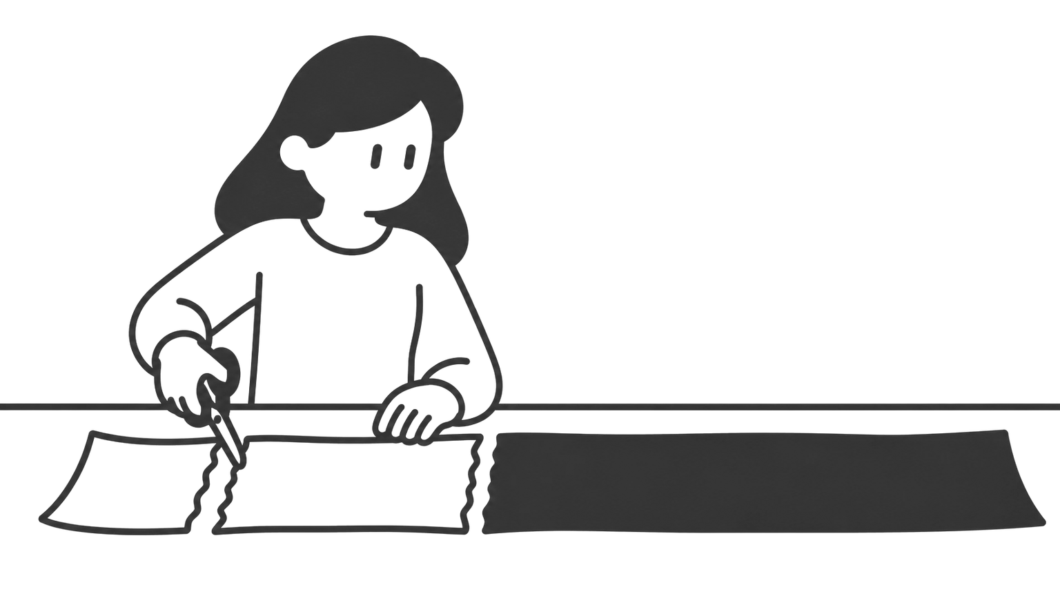 A woman cuts a long hospital bill into three pieces: a short piece on the left, a slightly longer piece beside it, and a very long dark piece on the right.