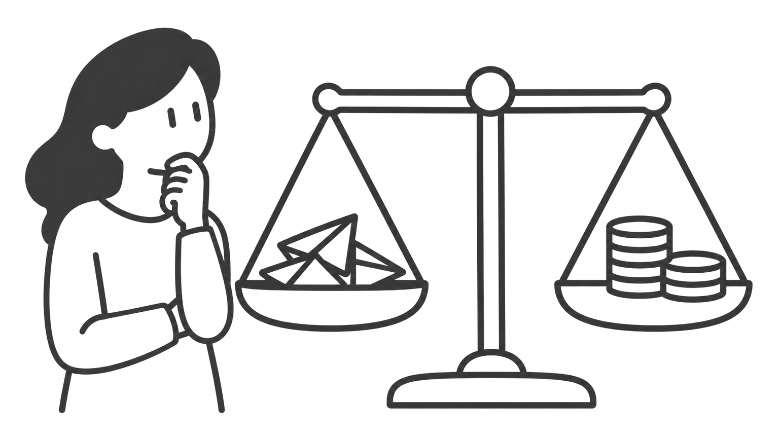 A woman stands beside a balance scale. One pan holds a small pile of paper planes and the other a small stack of coins, and the scale sits level.