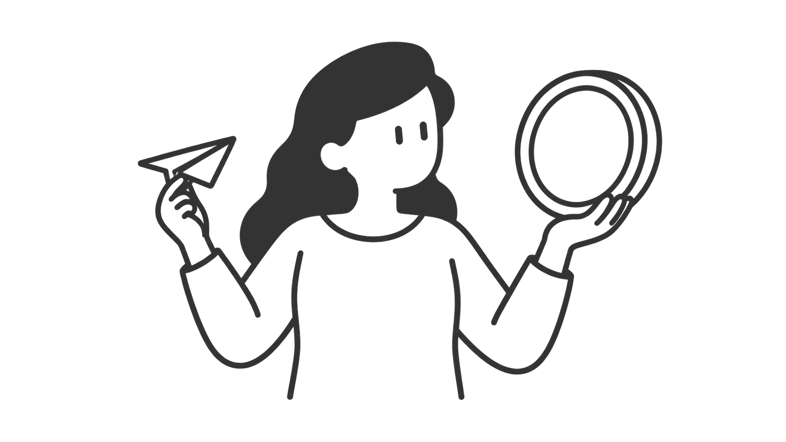 A woman holds a small paper plane in one hand and a coin in the other, weighing them.