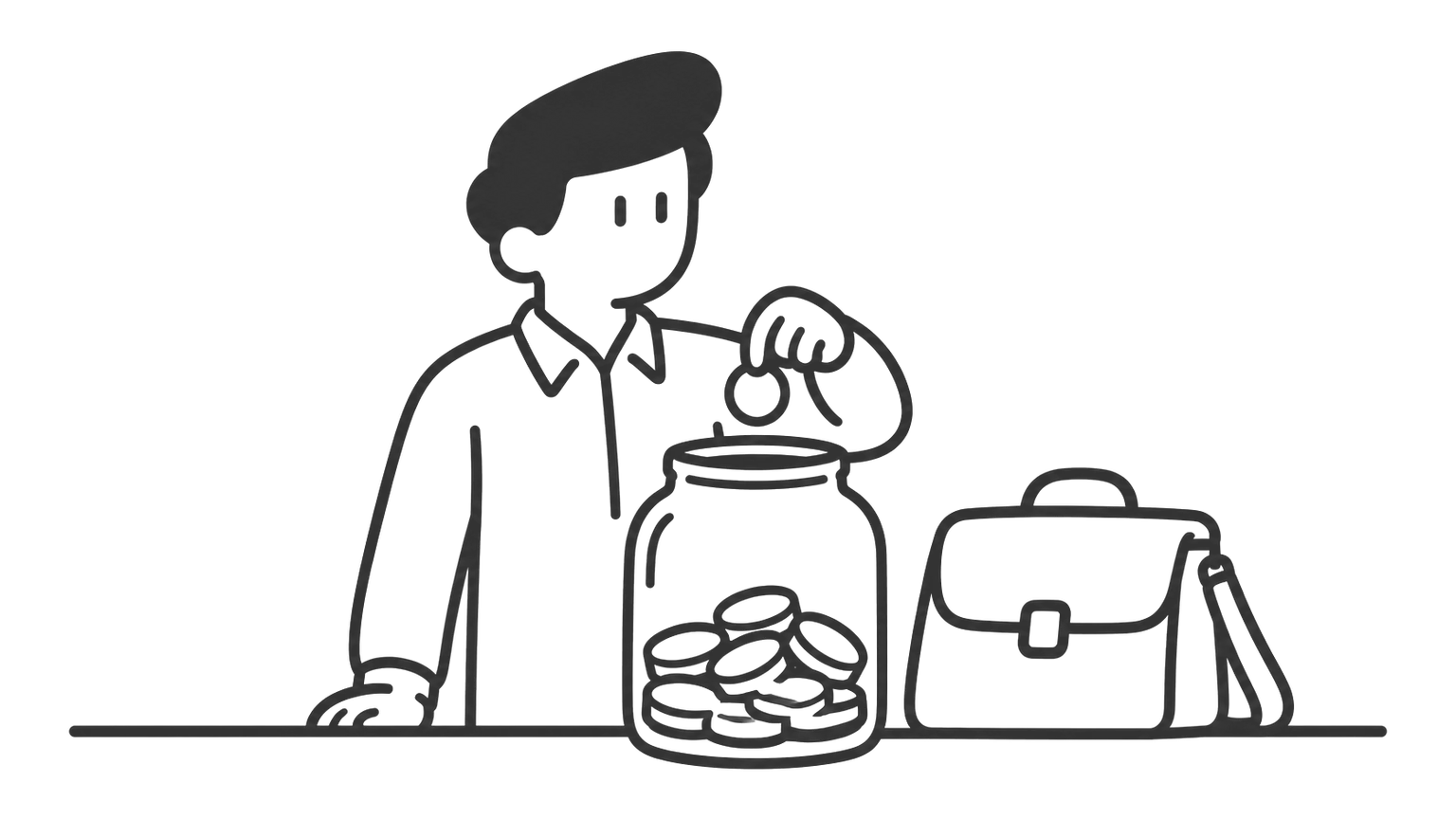 A young man drops coins into a large jar on a shelf beside his work bag.