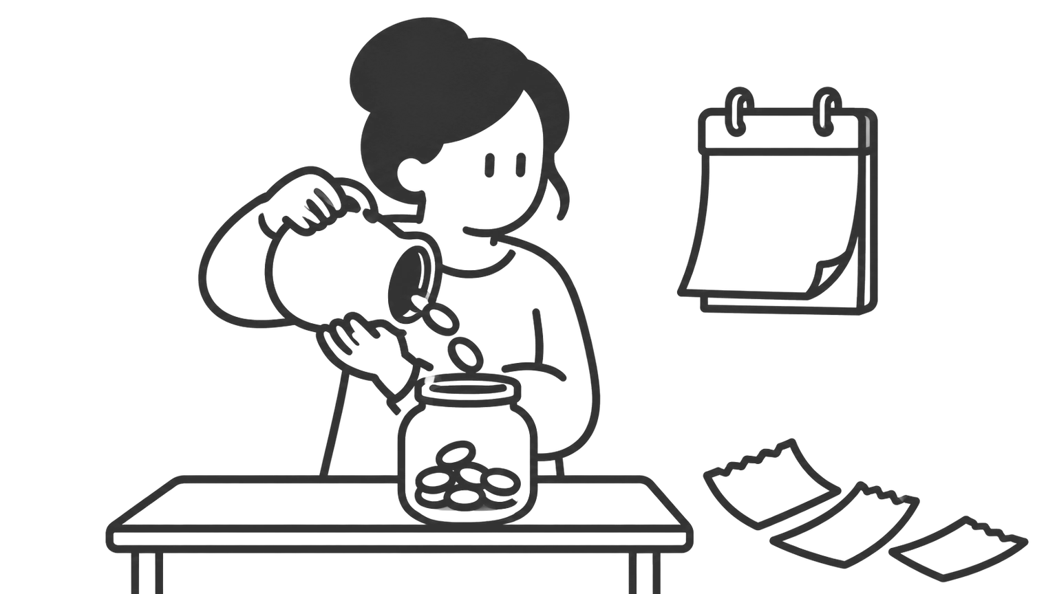 A woman pours coins from a jug into a jar, and the calendar on the wall beside her has fewer pages left.