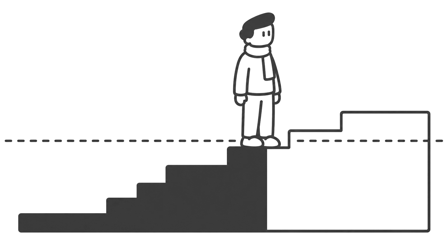 A man stands on the fifth step of a tax staircase, filled up to where he stands. A dashed line marks the average rate.