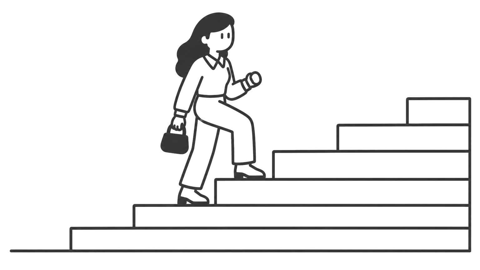 A woman walks up a wide staircase with a bag, each step a little higher.