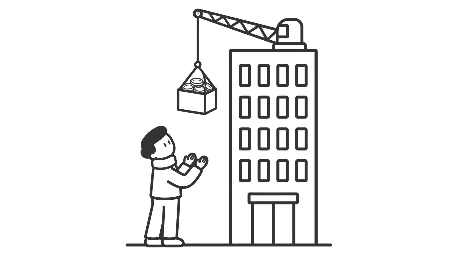 A man looks up at a tall building with a crane lifting a small box of coins from its roof.