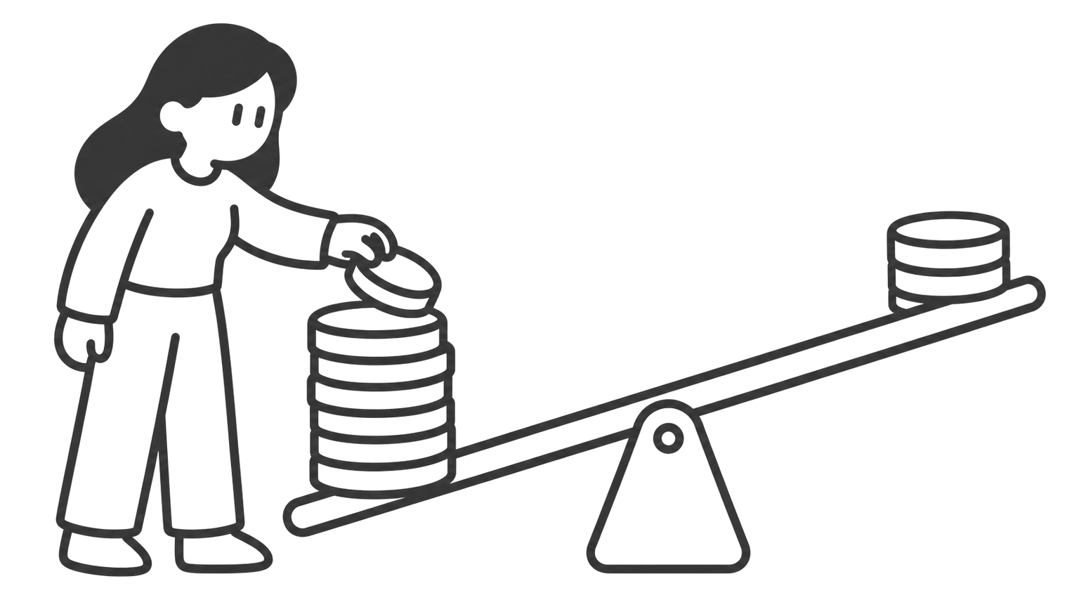 A seesaw with a tall stack of coins on the low left end and a short stack on the raised right end. A woman adds a coin to the left stack.