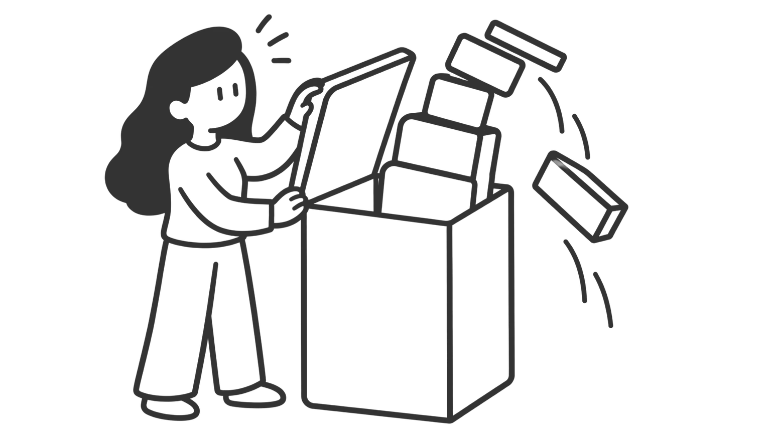 A woman holds up the lid of a box she cannot close. Stacked blocks rise far above the rim, and the top blocks tumble out.