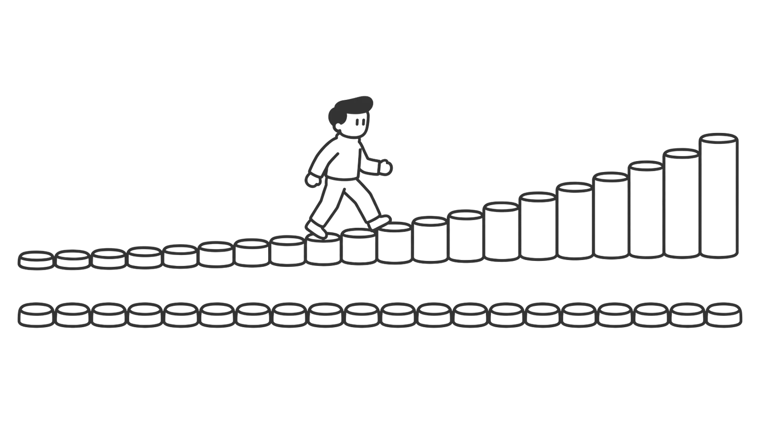 A path of twenty stepping stones running left to right. Along the lower edge, a row of stones stays the same height. Along the upper edge, a second row grows taller stone by stone. A man walks along the upper row.