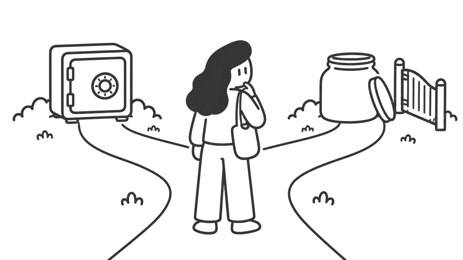 A woman stands at a fork in a path between a padlocked safe and an open jar.