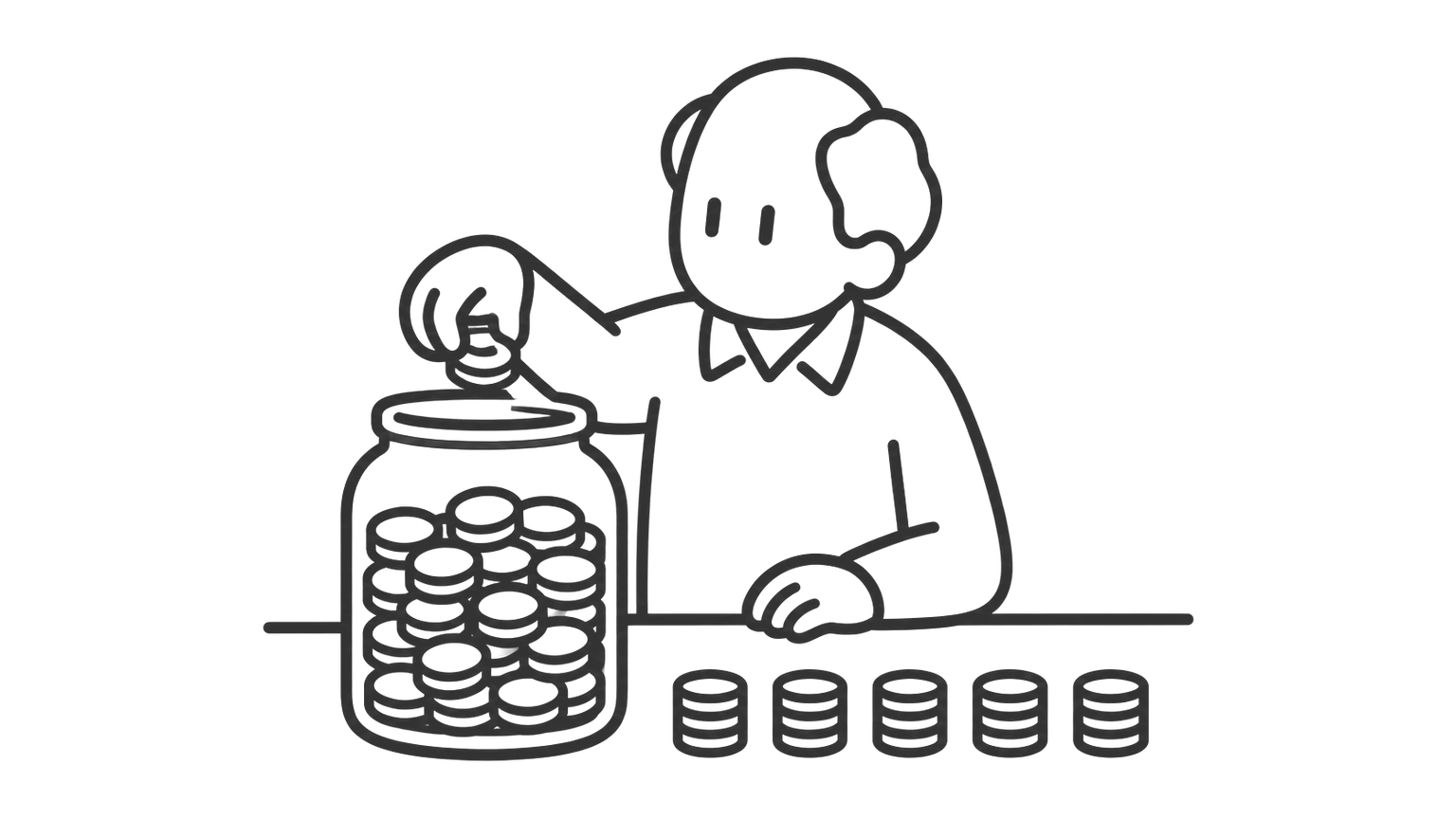 An older man takes a small handful of coins from a jar beside a row of equal piles.