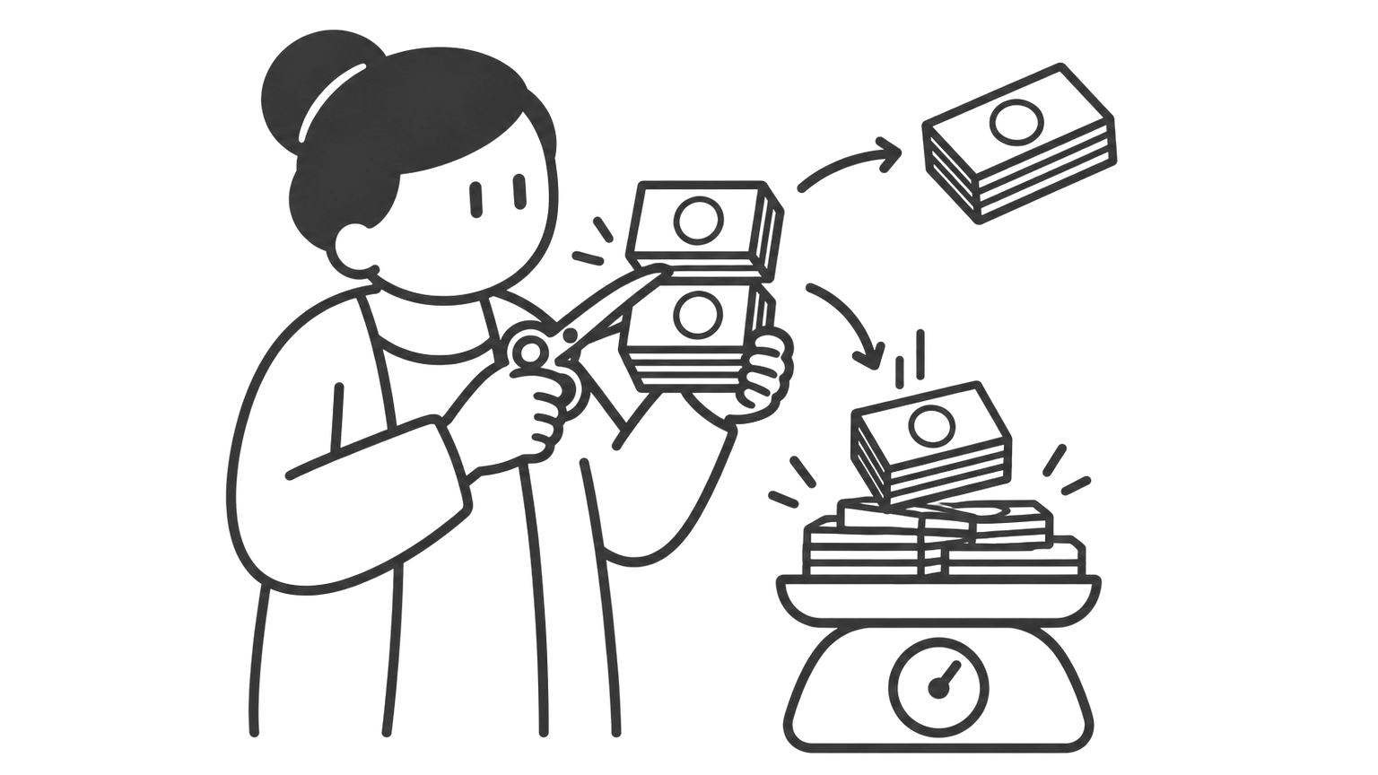 An older woman cuts a bundle of banknotes in half. One half floats away. The other half joins her other income on a weighing scale.